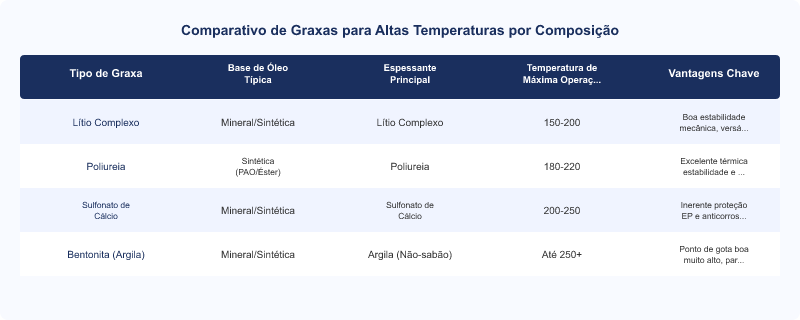 Diagrama técnico: Comparativo Técnico: Graxas para Altas Temperaturas – Base, Aditivos e Desempenho