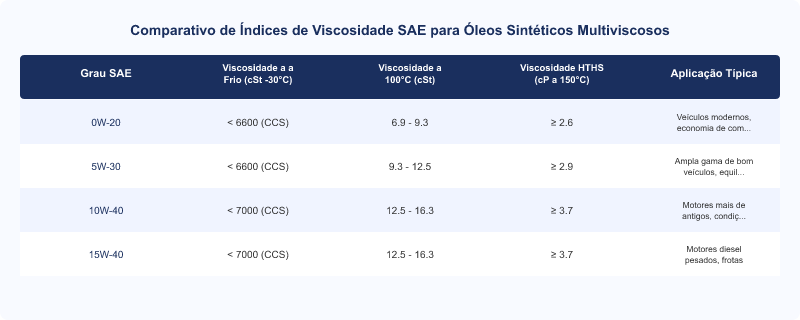 Diagrama técnico: Índices de Viscosidade SAE: Desempenho do Óleo Sintético em Partidas a Frio e Altas Temperaturas
